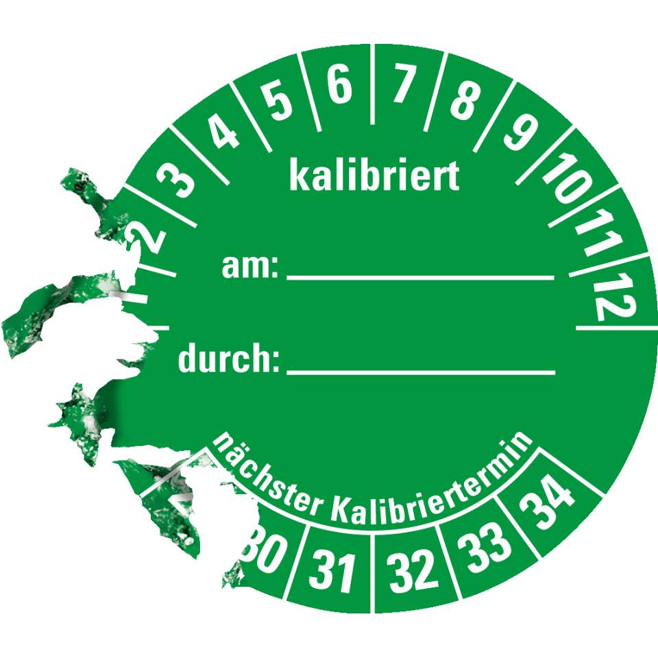 Prüfplakette kalibriert 29-34, grün, Dokumentenfolie, selbstklebend, Ø 40mm, 10/Bogen