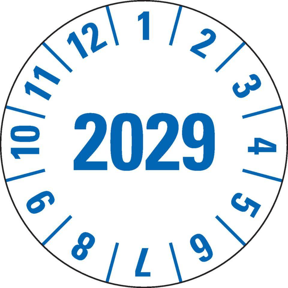 Prüfplakette 2029, weiß, Folie, mit Spezialkleber, Oberflächenschutz, Ø 25mm, 21/Bogen