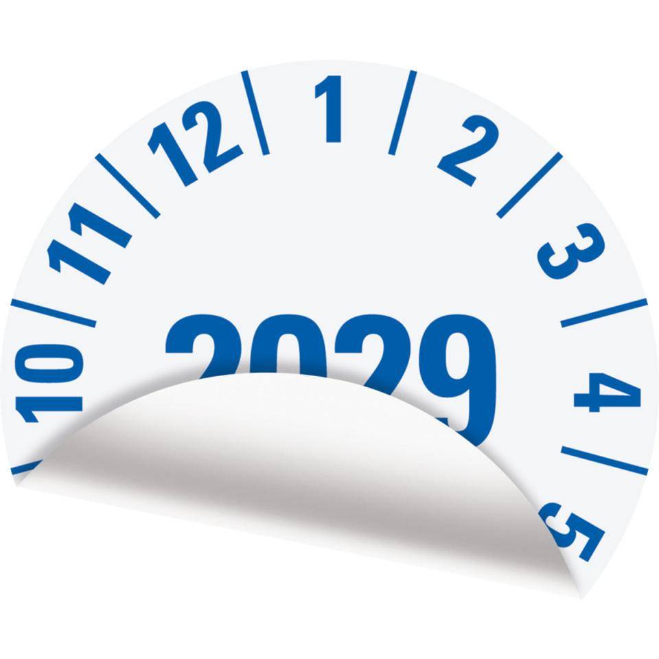 Prüfplakette 2029, weiß, Folie, mit Spezialkleber, Oberflächenschutz, Ø 35mm, 10/Bogen