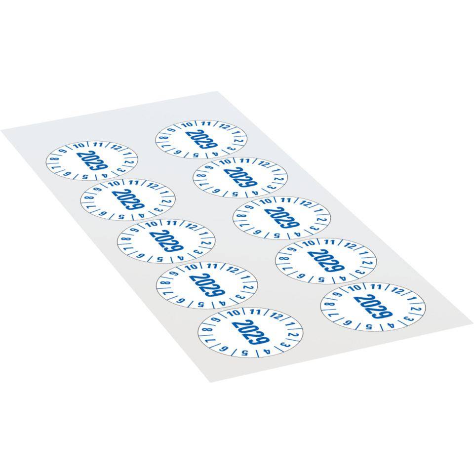 Prüfplakette 2029, weiß, Folie, mit Spezialkleber, Oberflächenschutz, Ø 35mm, 10/Bogen