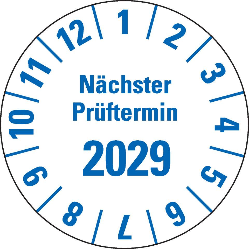 Prüfplakette Nächster Prüftermin 2029, weiß, Hochleistungsfolie, Oberflächenschutz, Ø25mm, 21/Bogen