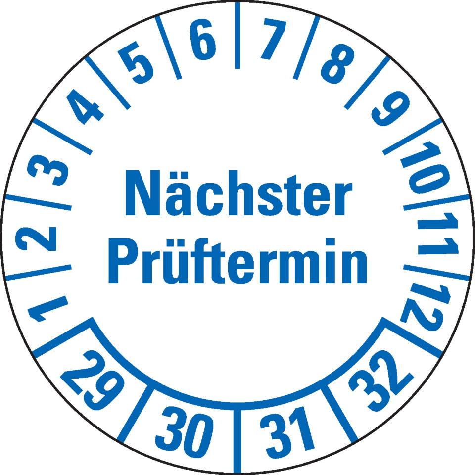 Prüfplakette Nächster Prüftermin 29-32, weiß, Folie, mit Spezialkleber, Ø 25mm, 21/Bogen
