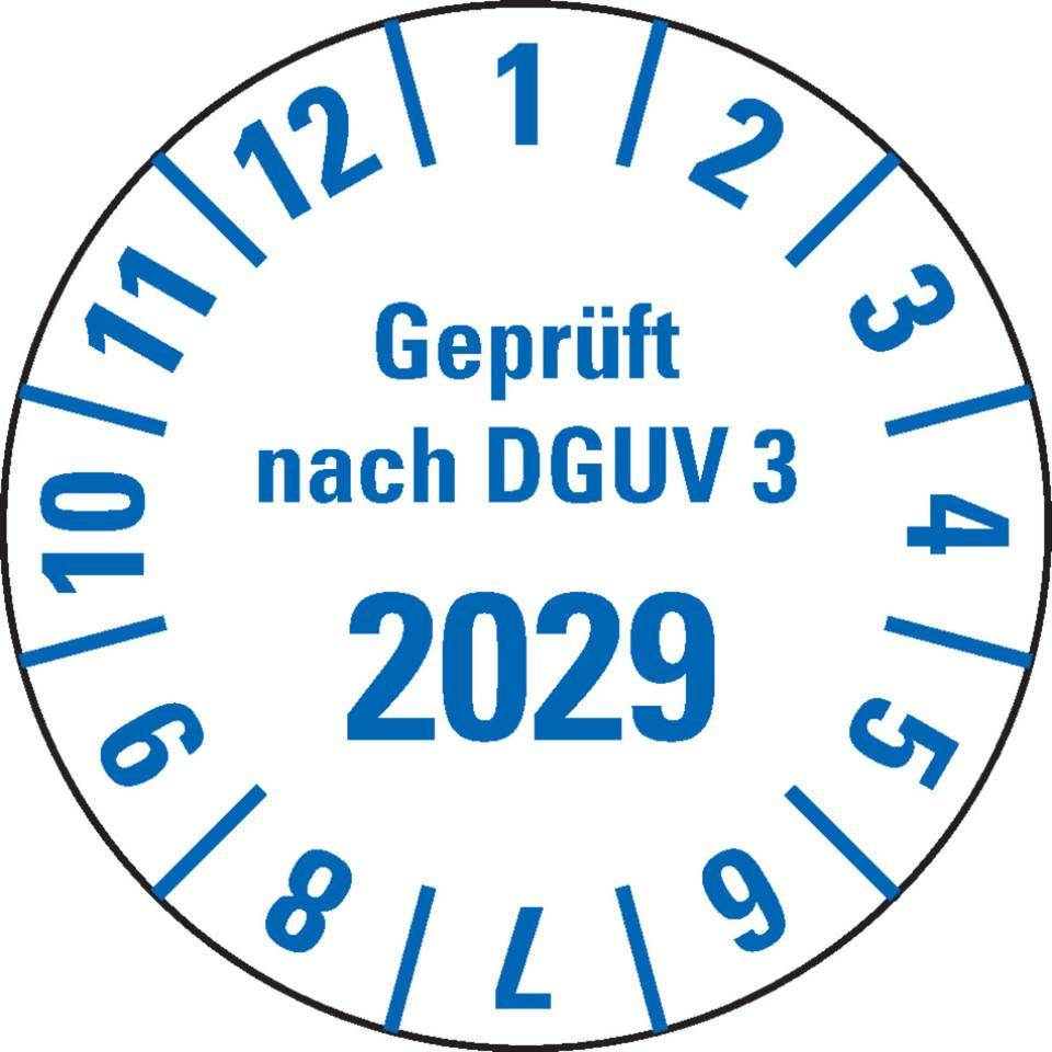 Prüfplakette Geprüft nach DGUV Vorschrift 3 2029, weiß, Folie, mit Spezialkleber, Ø25mm, 21/Bogen