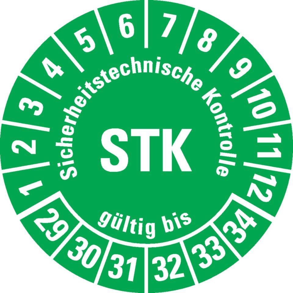 Prüfplakette STK 29-34, grün, Folie, mit Spezialkleber Oberflächenschutz, Ø30mm, 18/BOG