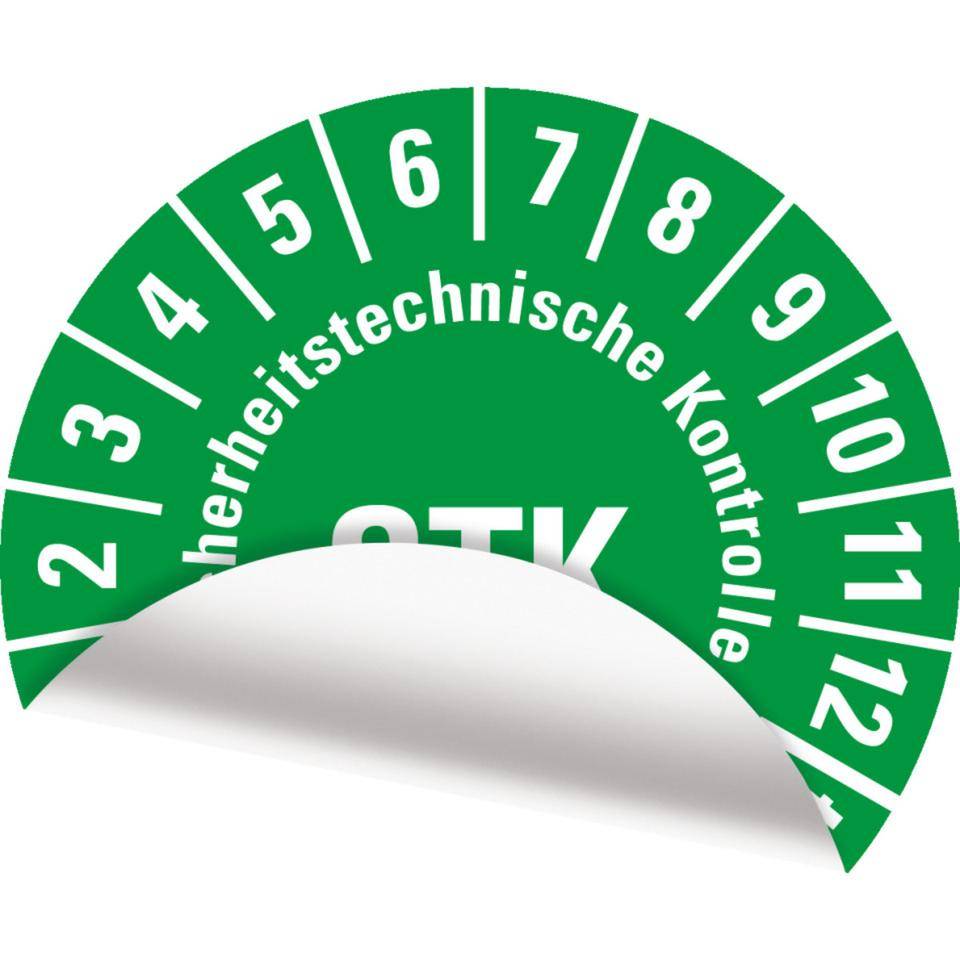 Prüfplakette STK 29-34, grün, Folie, mit Spezialkleber Oberflächenschutz, Ø30mm, 18/BOG