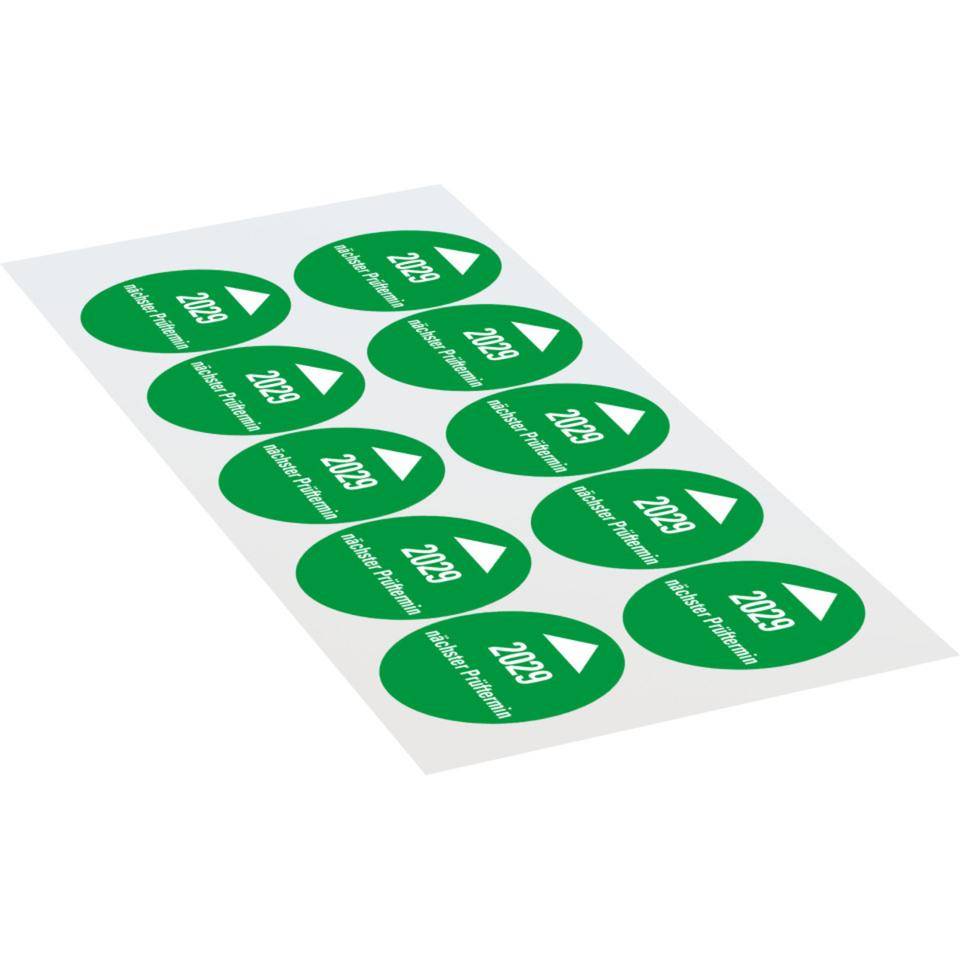 Systemprüfplakette nächster Prüftermin 2029, grün, Dokumentenfolie, Ø 30mm, 10/Bogen