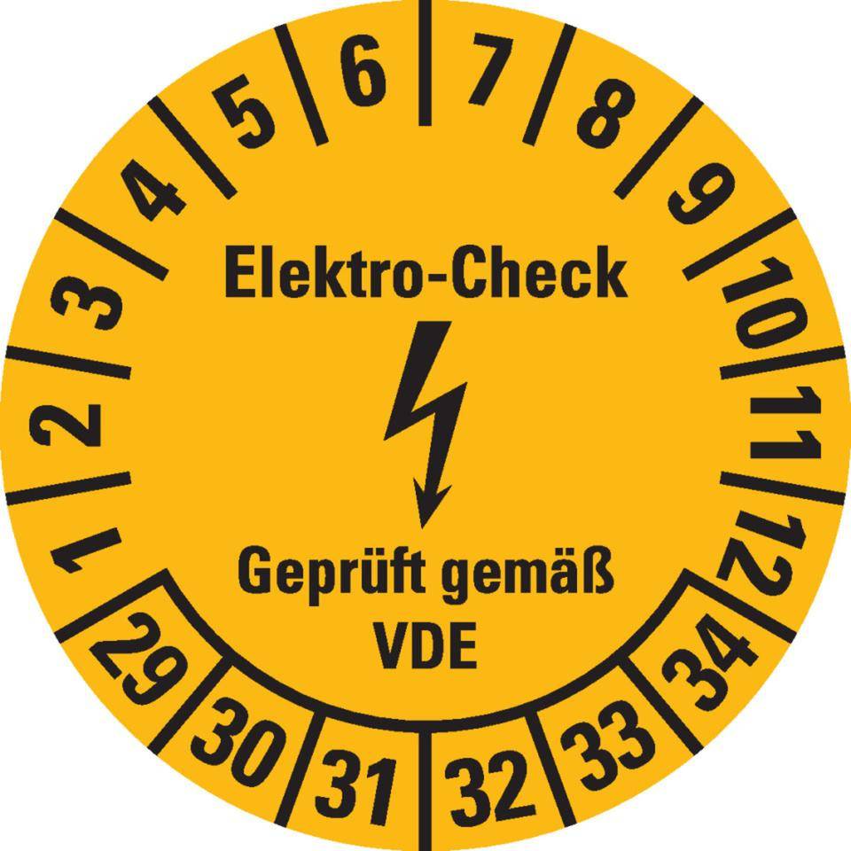 Prüfplakette Elektro-Check, VDE, 29-34, gelb, Dokumentenfolie, Ø20mm, 500/Rolle