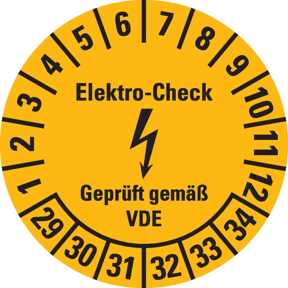 Prüfplakette Elektro-Check... VDE, 29-34, gelb, Dokumentenfolie, Ø 20mm, 36/Bogen