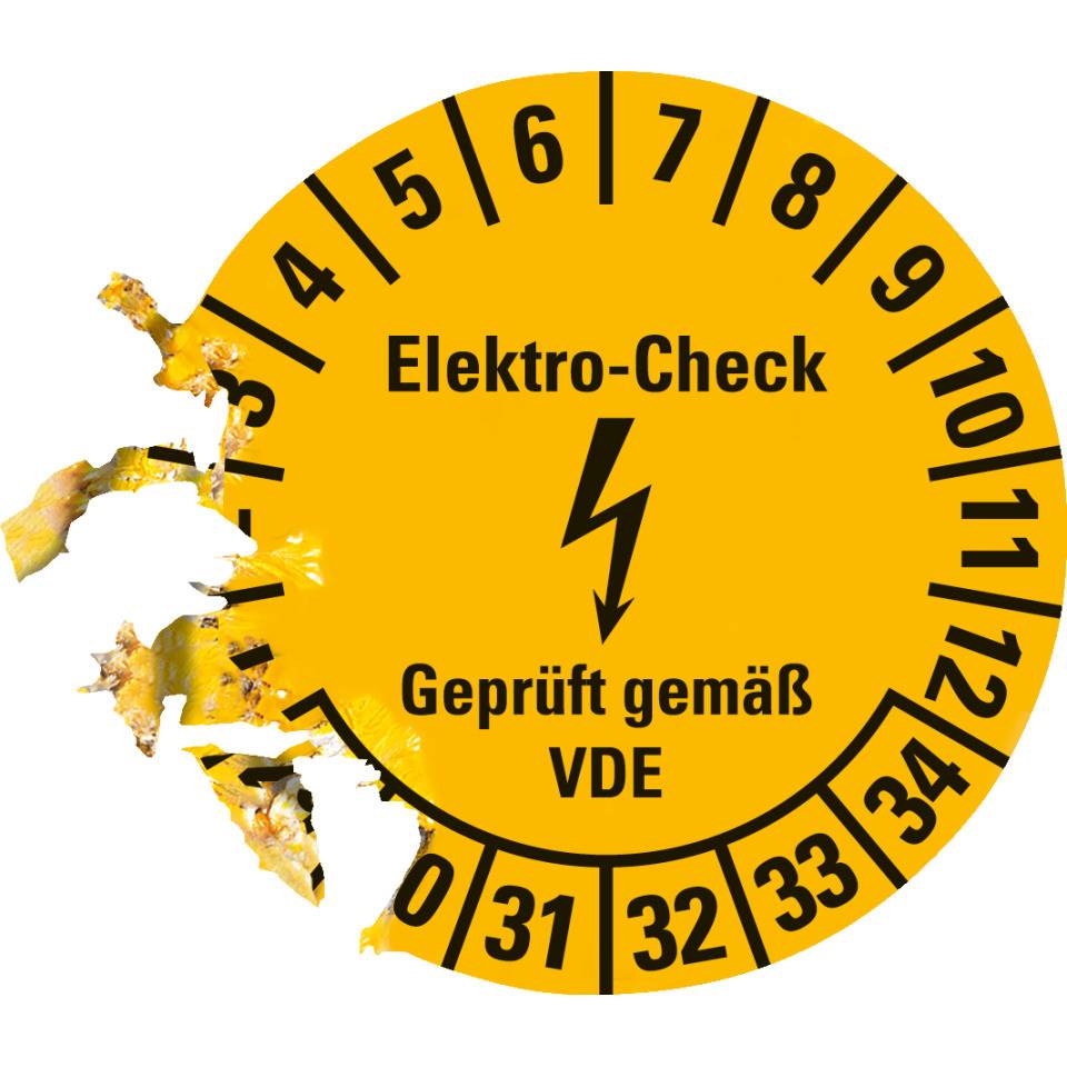 Prüfplakette Elektro-Check... VDE, 29-34, gelb, Dokumentenfolie, Ø 20mm, 36/Bogen
