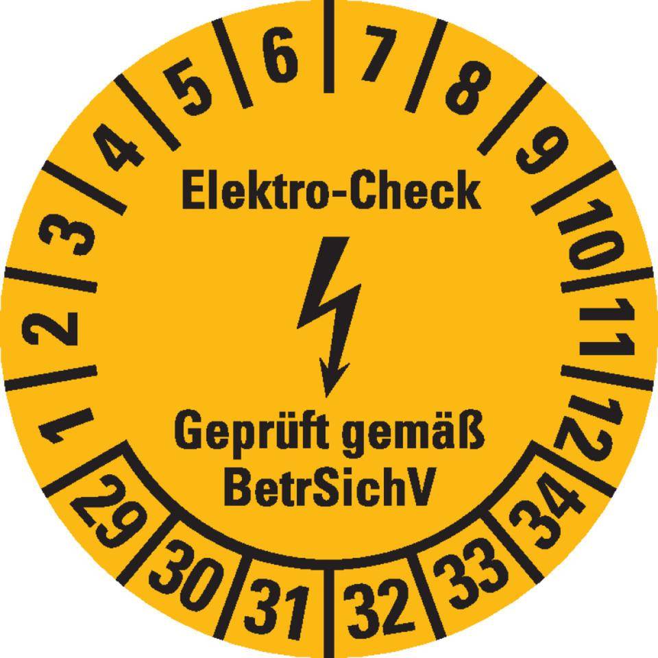 Prüfplakette Elektro-Check BetrSichV, 29-34, gelb/schwarz, Dokumentenfolie, Ø 20mm, 36/Bogen