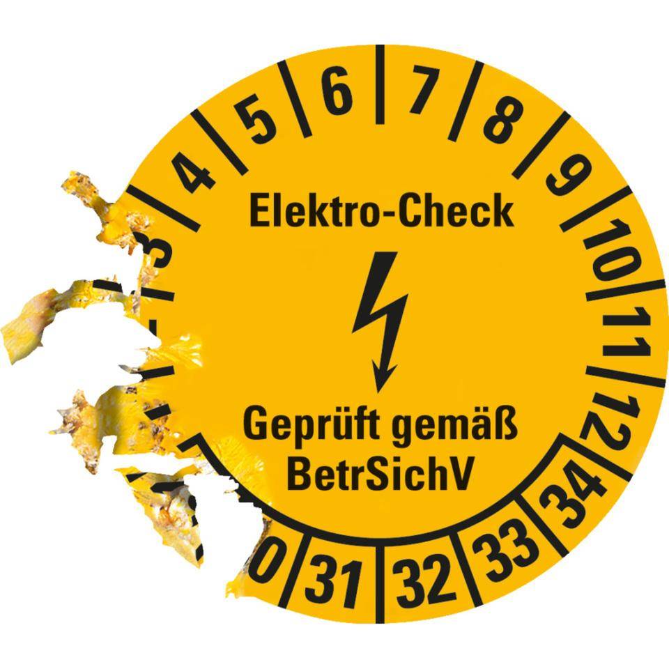 Prüfplakette Elektro-Check BetrSichV, 29-34, gelb/schwarz, Dokumentenfolie, Ø 20mm, 36/Bogen