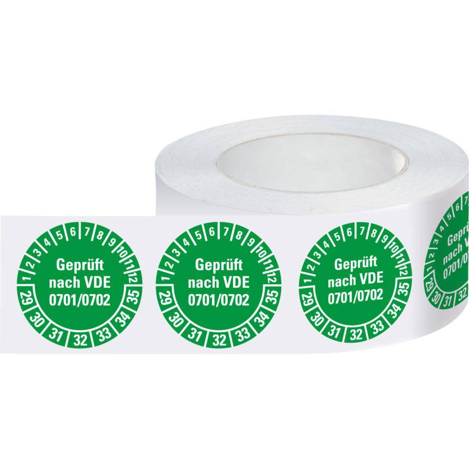 Prüfplakette geprüft nach VDE 0701, 29-35, grün, Dokumentenfolie, Ø30mm, 500/Rolle