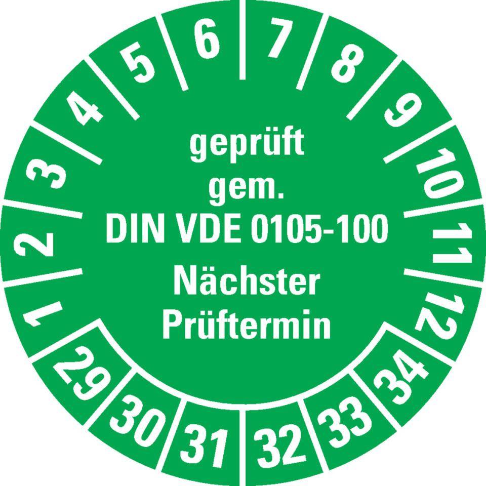 Prüfplakette geprüft gemäß VDE 0105-100, 29-34, grün, Dokumentenfolie, Ø 30mm, 18/Bogen