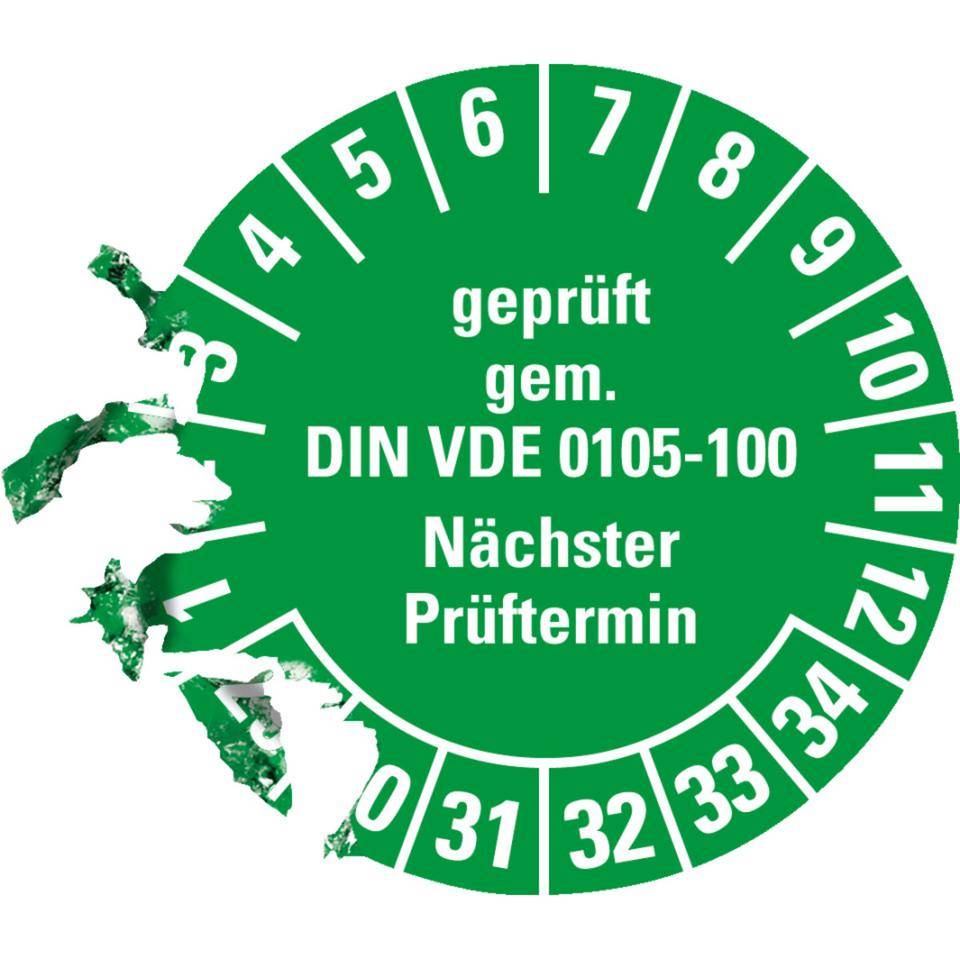 Prüfplakette geprüft gemäß VDE 0105-100, 29-34, grün, Dokumentenfolie, Ø 30mm, 18/Bogen