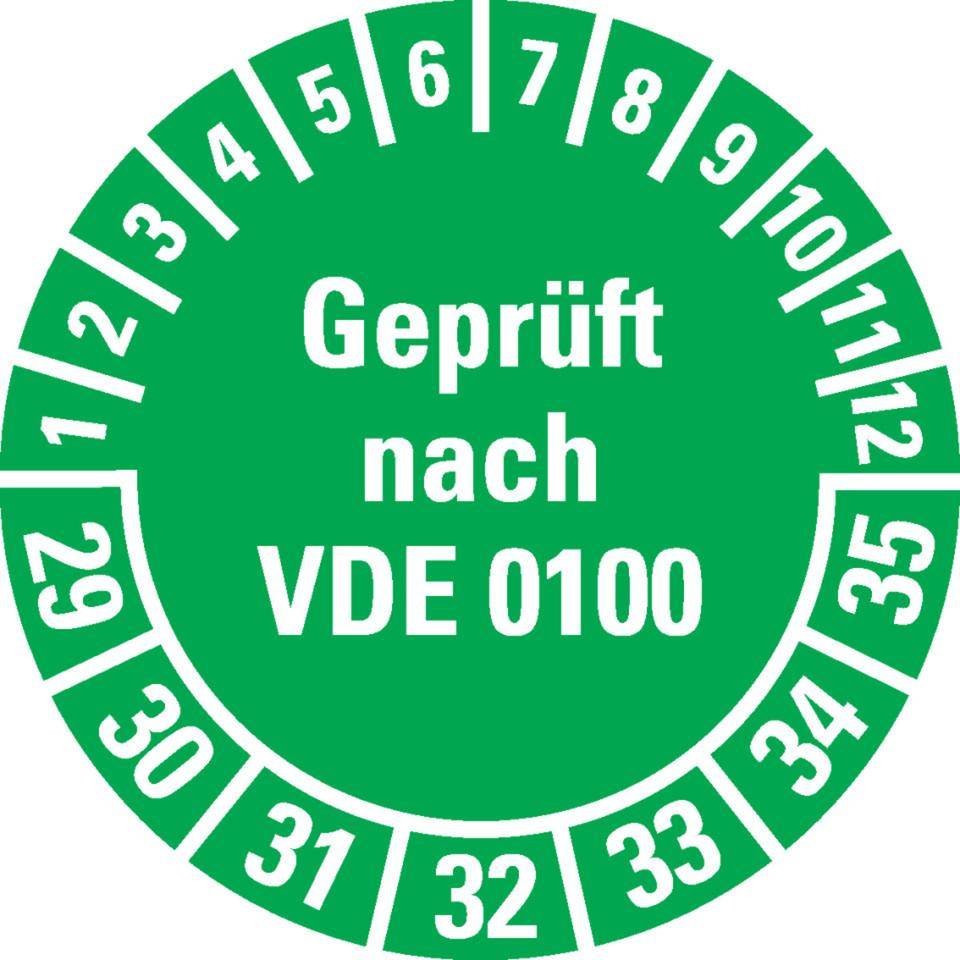 Prüfplakette Geprüft nach VDE 0100 29-35, grün, Dokumentenfolie,Ø30mm, 18/Bogen