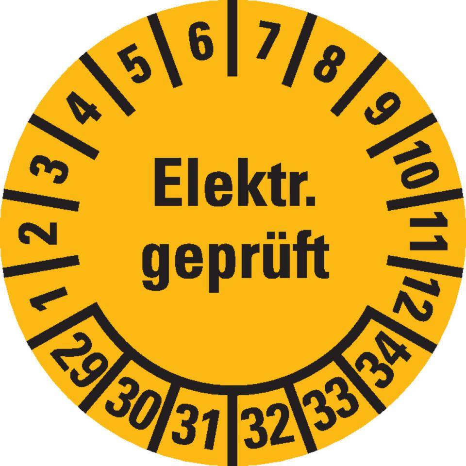 Prüfplakette Elektrisch geprüft 29-34, gelb, Dokumentenfolie, selbstklebend, Ø 20mm, 36/Bogen
