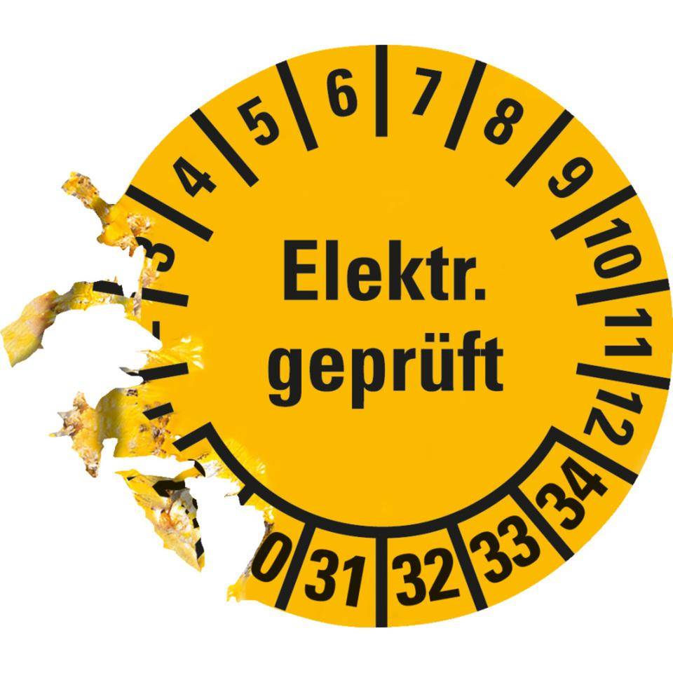 Prüfplakette Elektrisch geprüft 29-34, gelb, Dokumentenfolie, selbstklebend, Ø 20mm, 36/Bogen