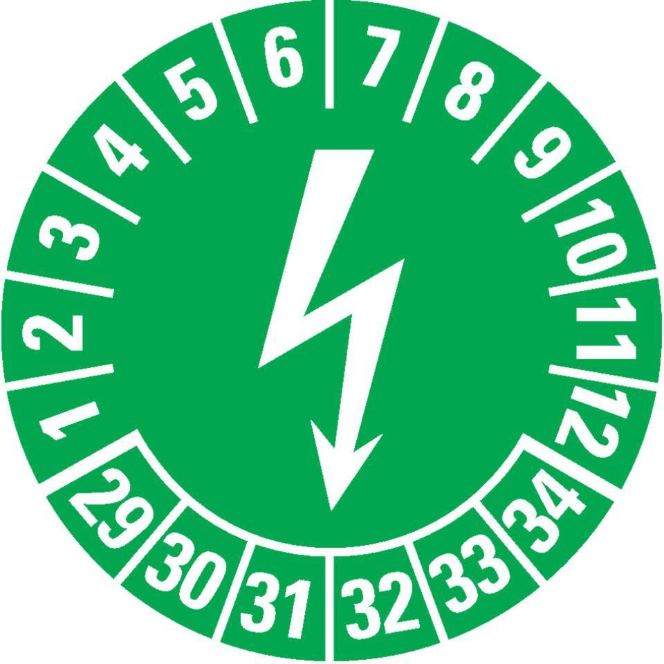 Prüfplakette Blitzpfeil 29-34, grün, Dokumentenfolie, selbstklebend, Ø 25mm, 21/Bogen