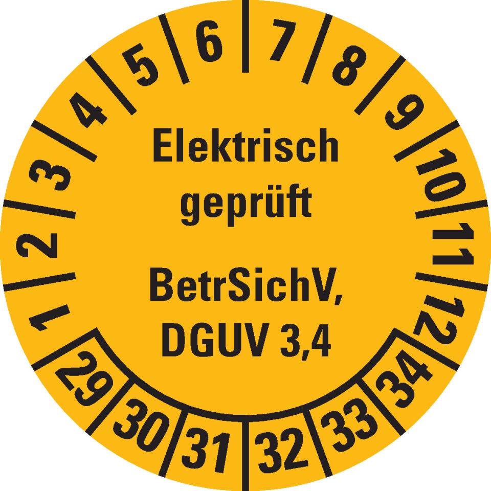 Prüfplakette Elektrisch geprüft, BetrSichV, DGUV 3/4, 29-34, gelb, Dokumentenfolie, Ø 30mm, 18/Bogen
