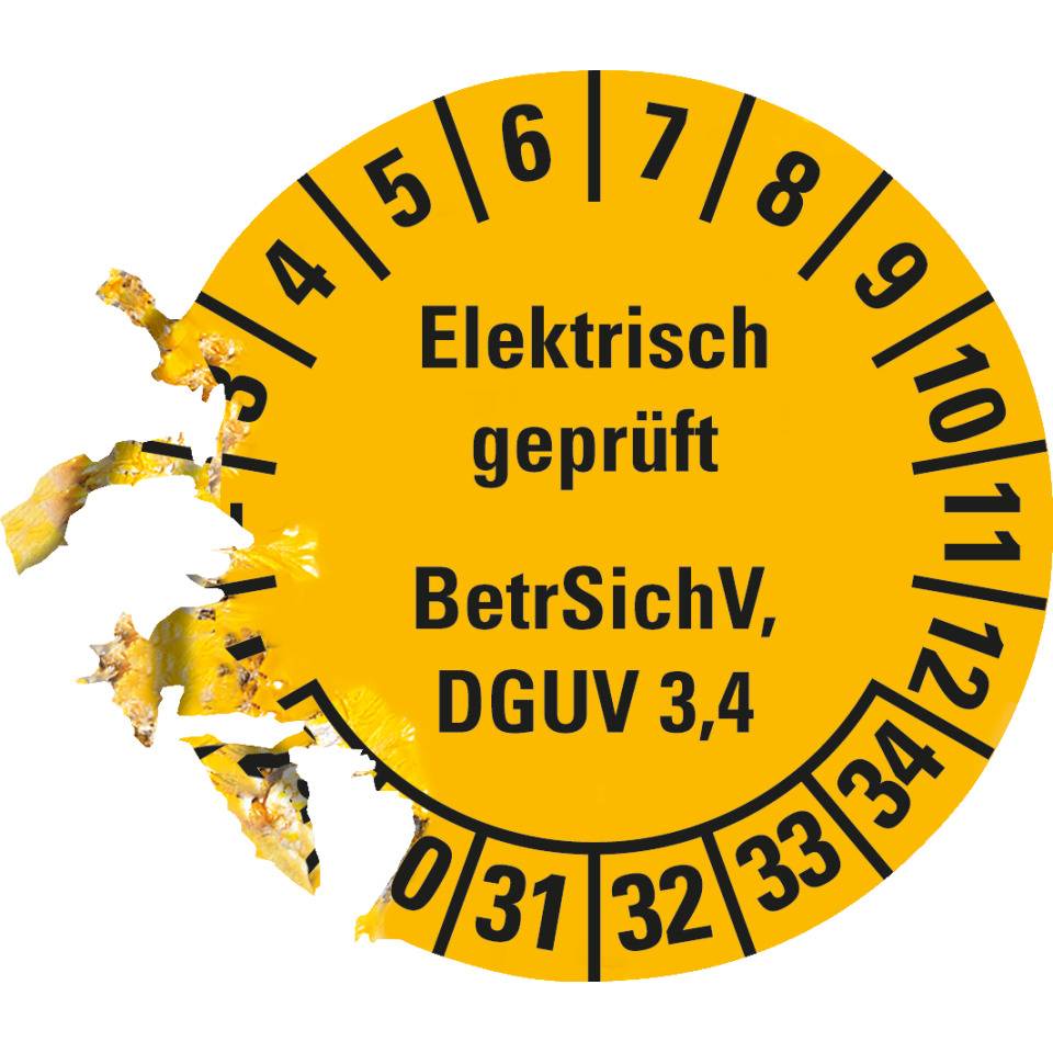 Prüfplakette Elektrisch geprüft, BetrSichV, DGUV 3/4, 29-34, gelb, Dokumentenfolie, Ø 30mm, 18/Bogen