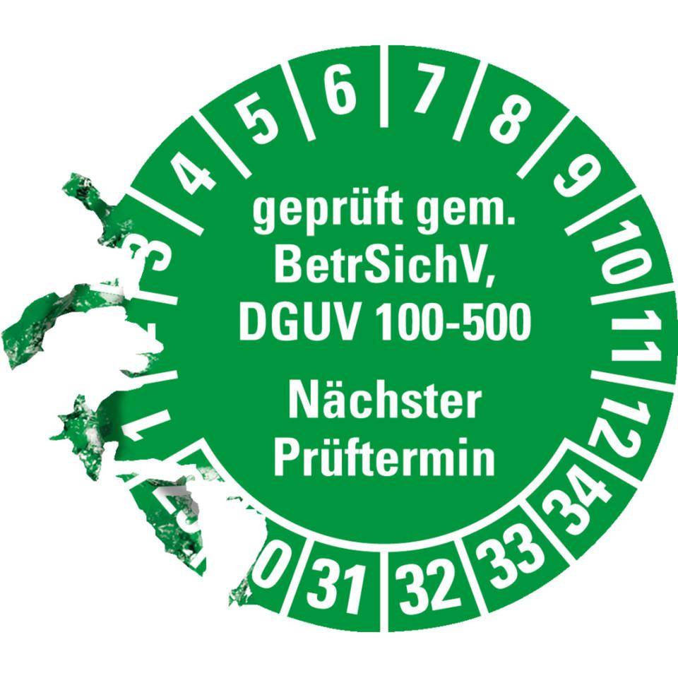 Prüfplakette gep.gemäß BetrSichV, DGUV 100-500, Nächster Prüftermin, 29-34, grün, Dokumentenfolie, Ø30mm, 18/Bogen