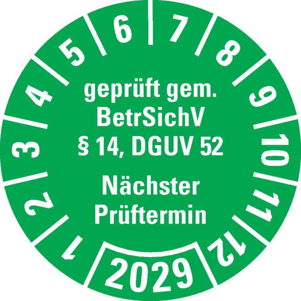 Prüfplakette BetrSichV §14, DGUV52, Nächster Prüftermin, 2029, grün, Folie, Spezialkleber, Ø30mm, 18/Bogen
