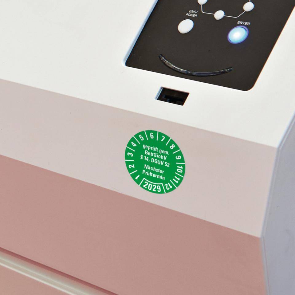 Prüfplakette BetrSichV §14, DGUV52, Nächster Prüftermin, 2029, grün, Folie, Spezialkleber, Ø30mm, 18/Bogen