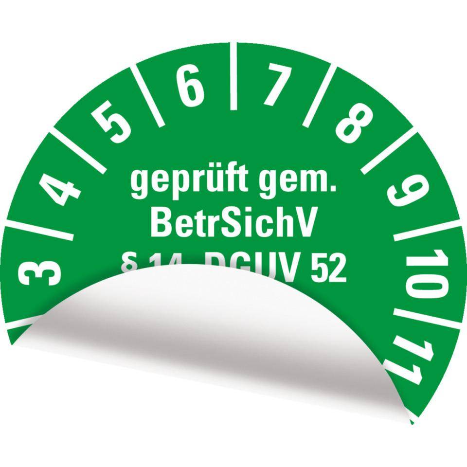 Prüfplakette BetrSichV §14, DGUV52, Nächster Prüftermin, 2029, grün, Folie, Spezialkleber, Ø30mm, 18/Bogen