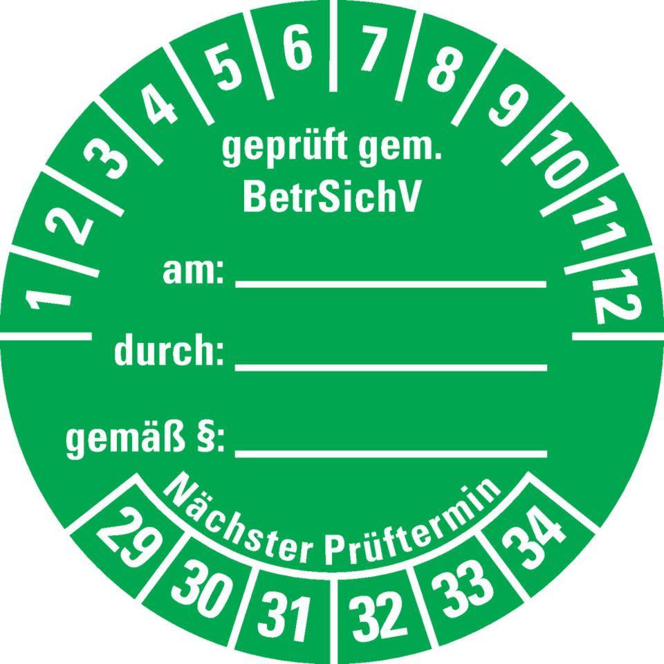 Prüfplakette gemäß BetrSichV, beschriftbar, 29-34, grün, Dokumentenfolie, Ø40mm, 10/BOG