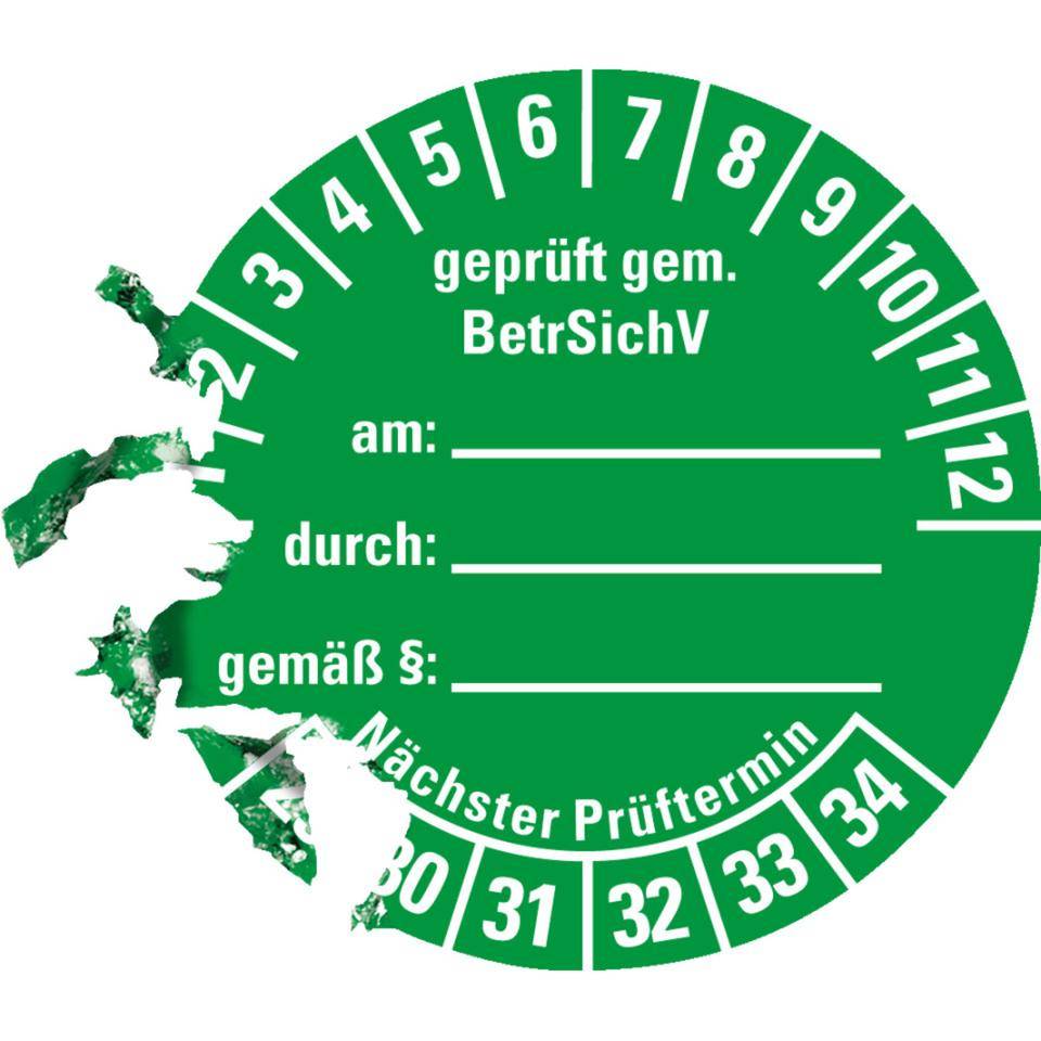 Prüfplakette gemäß BetrSichV, beschriftbar, 29-34, grün, Dokumentenfolie, Ø40mm, 10/BOG