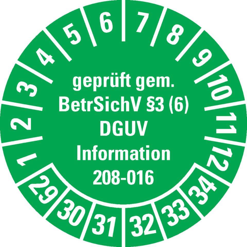 Prüfplakette geprüft gemäß BetrSichV §3(6)DGUV, 29-34, grün, Dokumentenfolie, Ø 30mm, 18/Bogen