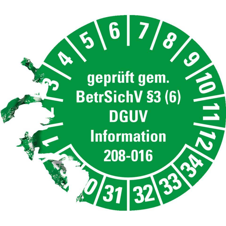 Prüfplakette geprüft gemäß BetrSichV §3(6)DGUV, 29-34, grün, Dokumentenfolie, Ø 30mm, 18/Bogen