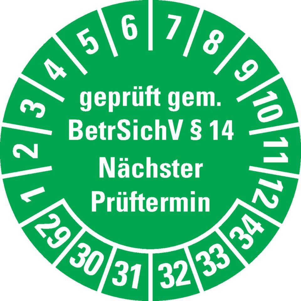 Prüfplakette geprüft gemäß BetrSichV §14, 29-34, grün, Dokumentenfolie, Ø30mm, 18/Bogen