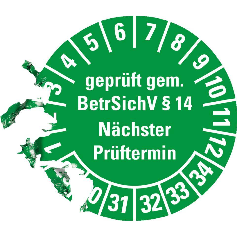 Prüfplakette geprüft gemäß BetrSichV §14, 29-34, grün, Dokumentenfolie, Ø30mm, 18/Bogen