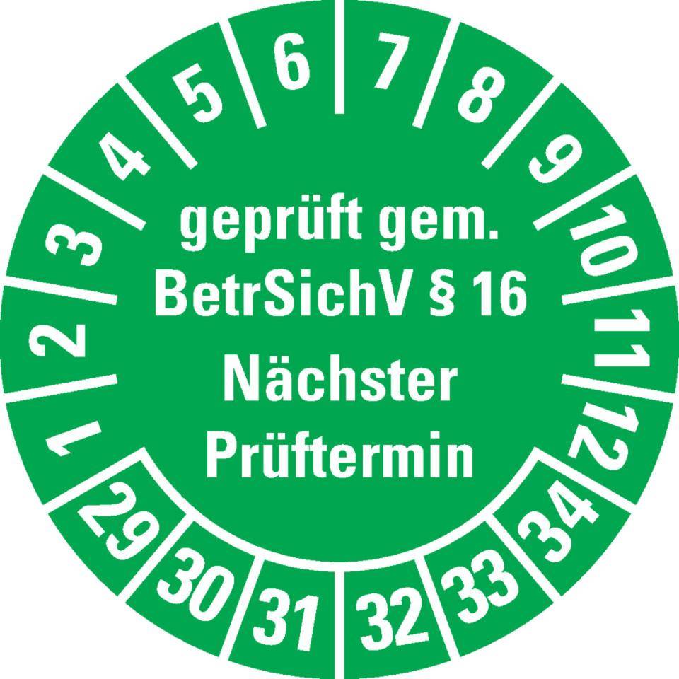 Prüfplakette geprüft gemäß BetrSichV §16, 29-34, grün, Dokumentenfolie, Ø 30mm, 18/Bogen