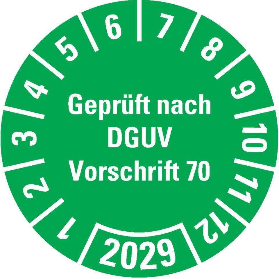 Prüfplakette Geprüft nach DGUV Vorschrift 70, 2029, grün, Dokumentenfolie, Ø30mm, 18/BOG