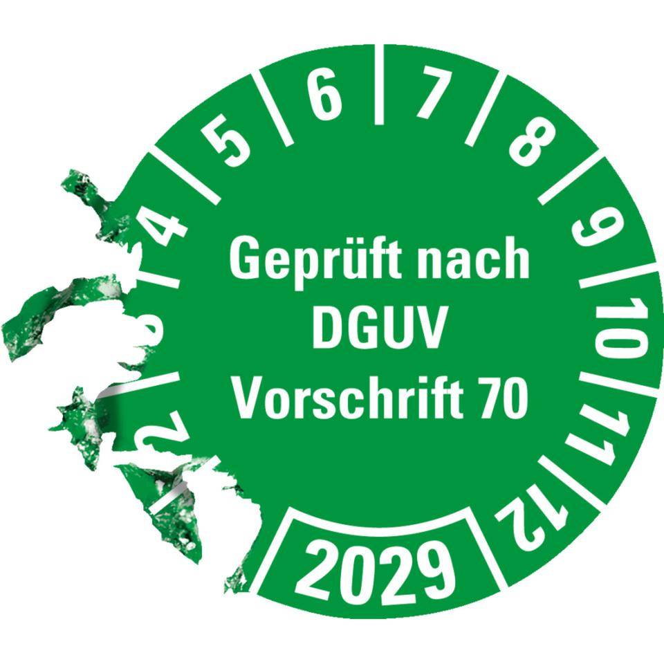Prüfplakette Geprüft nach DGUV Vorschrift 70, 2029, grün, Dokumentenfolie, Ø30mm, 18/BOG