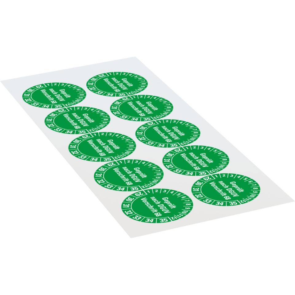 Prüfplakette Geprüft nach DGUV Vorschrift 68, 29-35, grün, Folie, Oberflächenschutz, Ø 40mm, 10/BOG