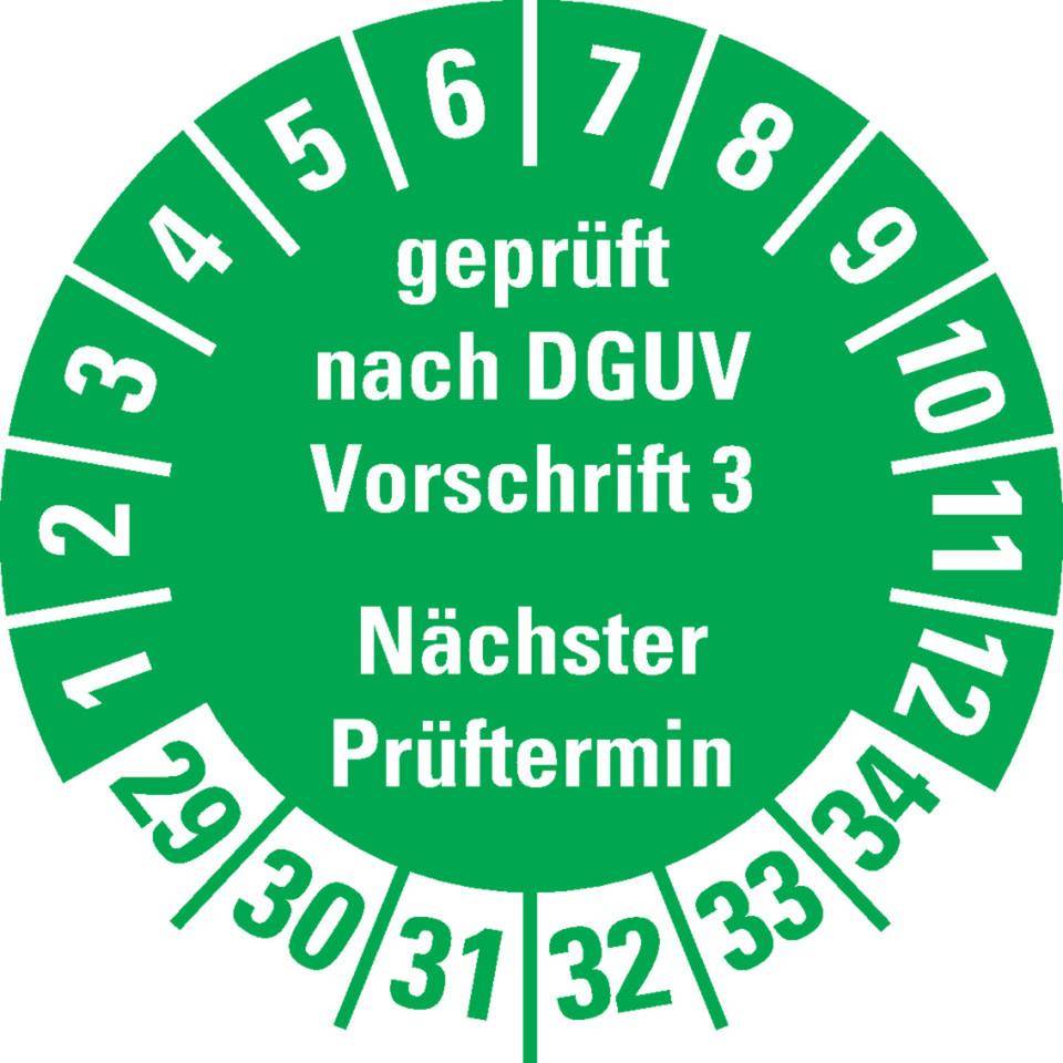 Prüfplakette Geprüft nach DGUV Vorschrift 3 29-34, grün, Schachbrettfolie, Ø30mm, 18/Bogen