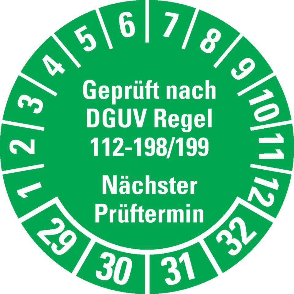Prüfplakette Geprüft nach DGUV 112-198/199 29-32, grün, Ø 30mm, 18/Bogen
