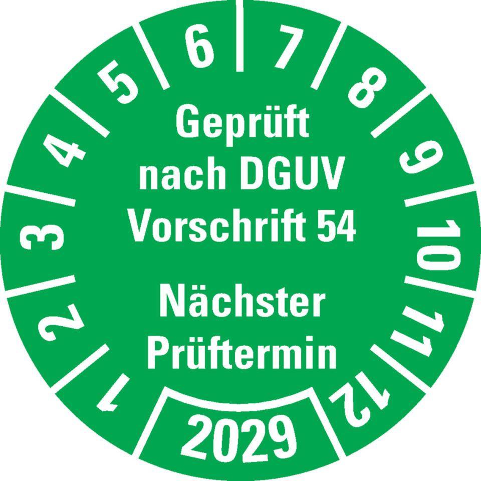 Prüfplakette Geprüft nach DGUV Vorschrift 54 2029, grün, Dokumentenfolie, Ø30mm, 18/Bogen
