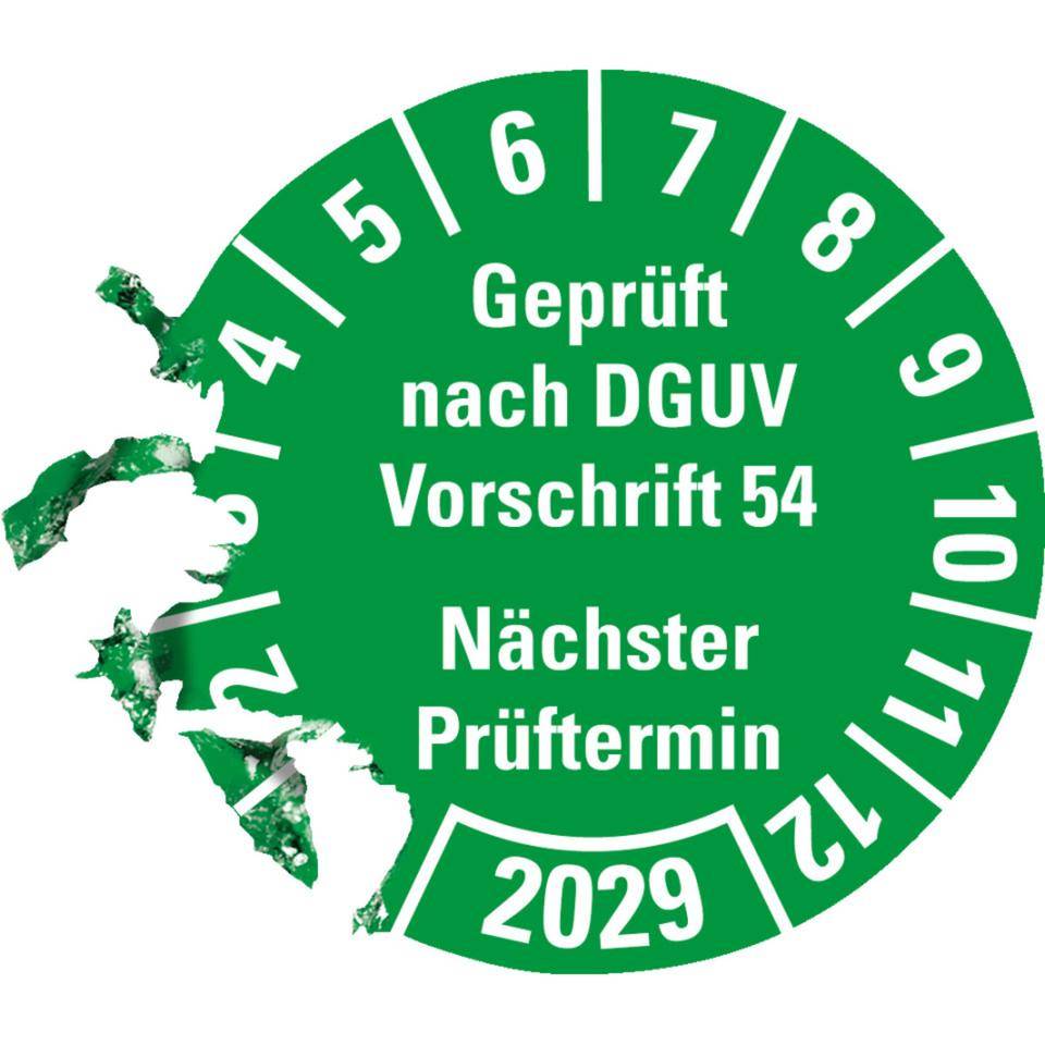 Prüfplakette Geprüft nach DGUV Vorschrift 54 2029, grün, Dokumentenfolie, Ø30mm, 18/Bogen