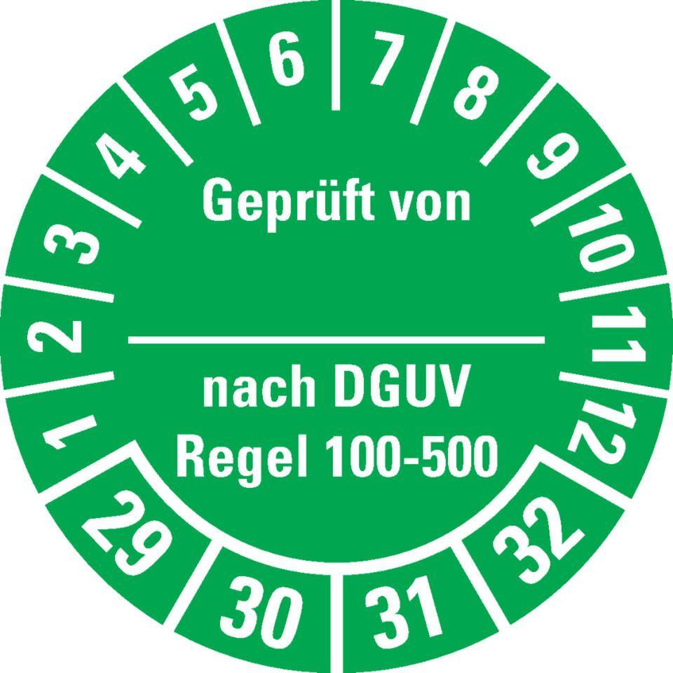 Prüfplakette Geprüft von - nach DGUV Regel 100-500 29-32, grün, Dokumentenfolie, Ø30mm, 18/Bogen