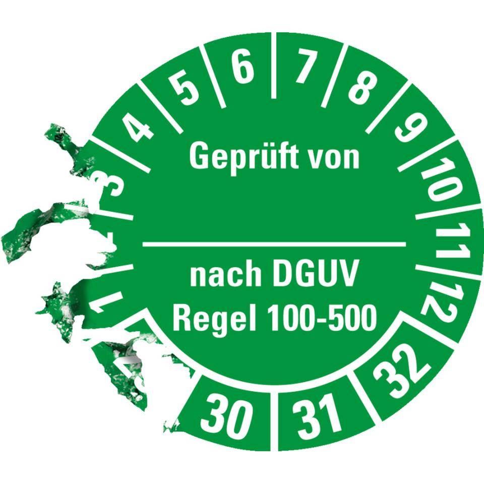 Prüfplakette Geprüft von - nach DGUV Regel 100-500 29-32, grün, Dokumentenfolie, Ø30mm, 18/Bogen