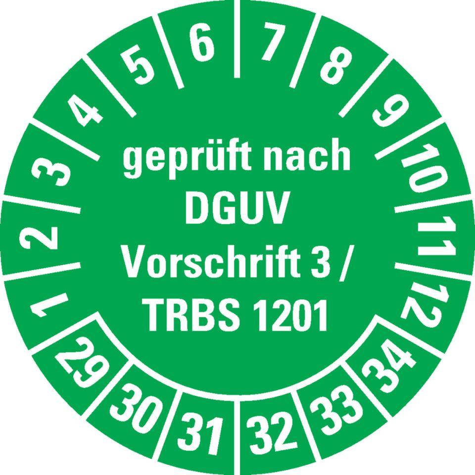Prüfplakette DGUV Vorschrift 3/TRBS 1201, 29-34, grün, Dokumentenfolie, Ø30mm, 18/Bogen