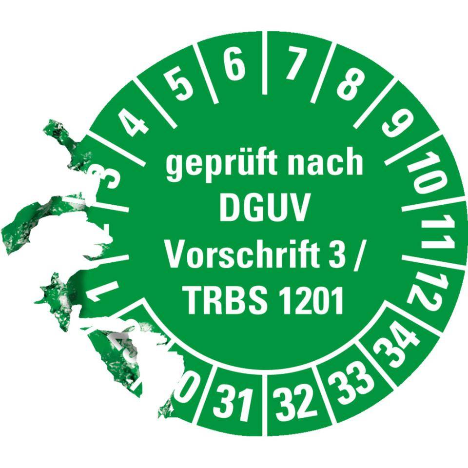 Prüfplakette DGUV Vorschrift 3/TRBS 1201, 29-34, grün, Dokumentenfolie, Ø30mm, 18/Bogen