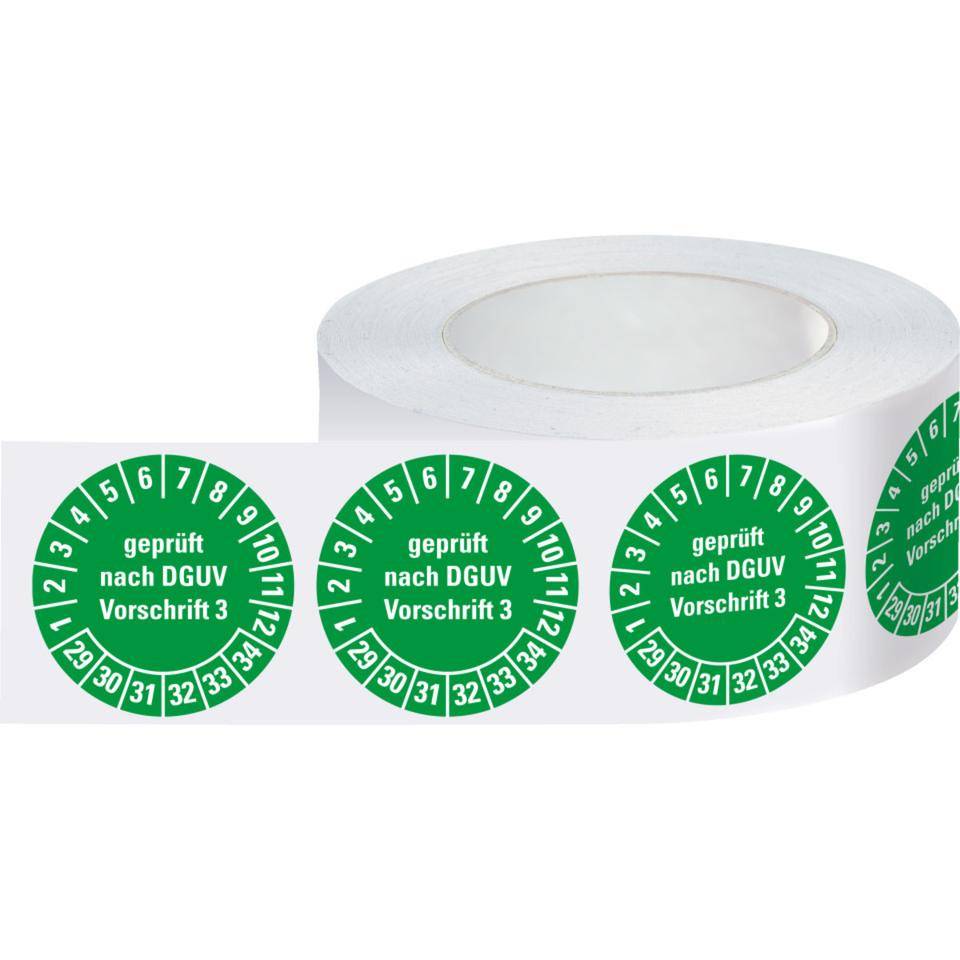 Prüfplakette Geprüft nach DGUV Vorschrift 3 29-34, grün, Dokumentenfolie, Ø15mm, 1000/Rolle