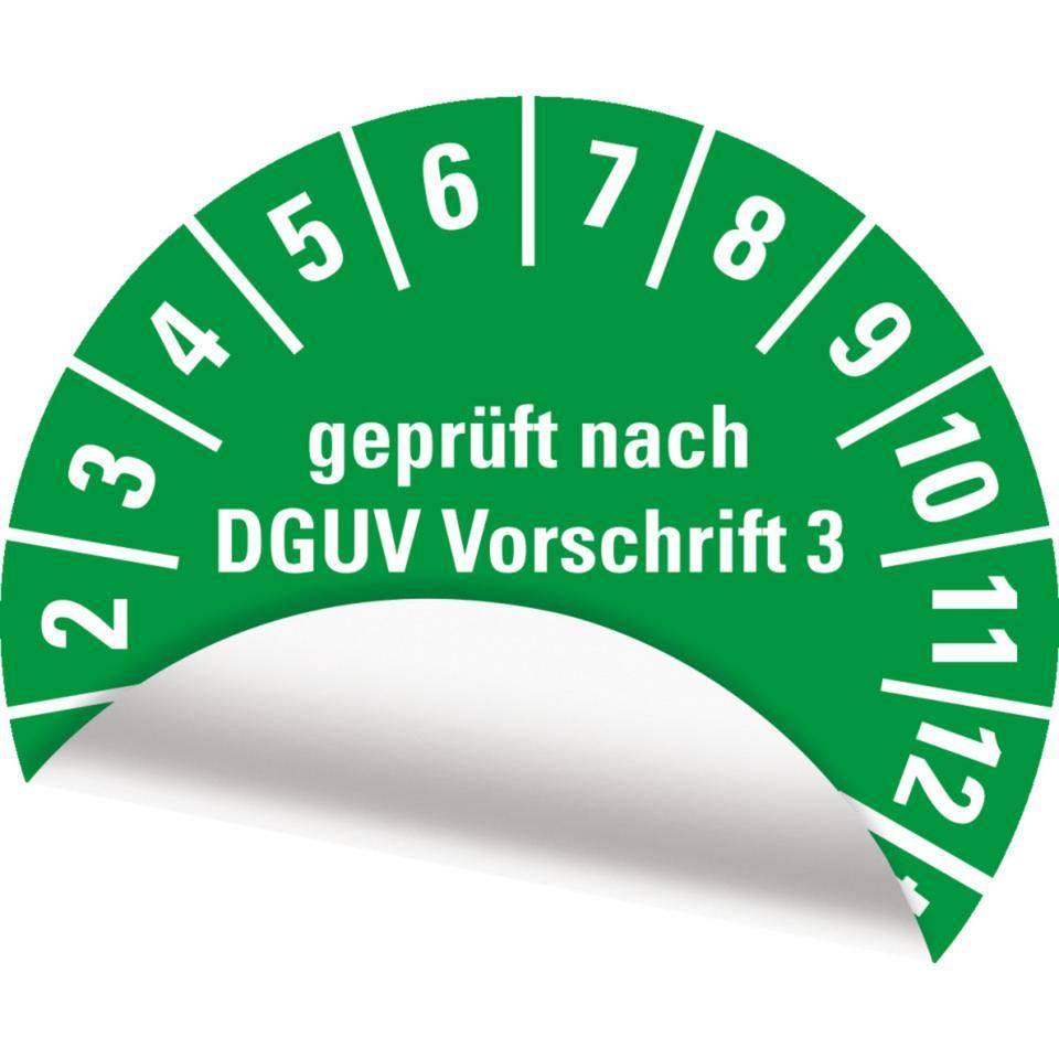 Prüfplakette Geprüft nach DGUV Vorschrift 3, Nächster Prüftermin, 29-34, grün, Cellulose-Folie, Ø30mm, 500/Rolle