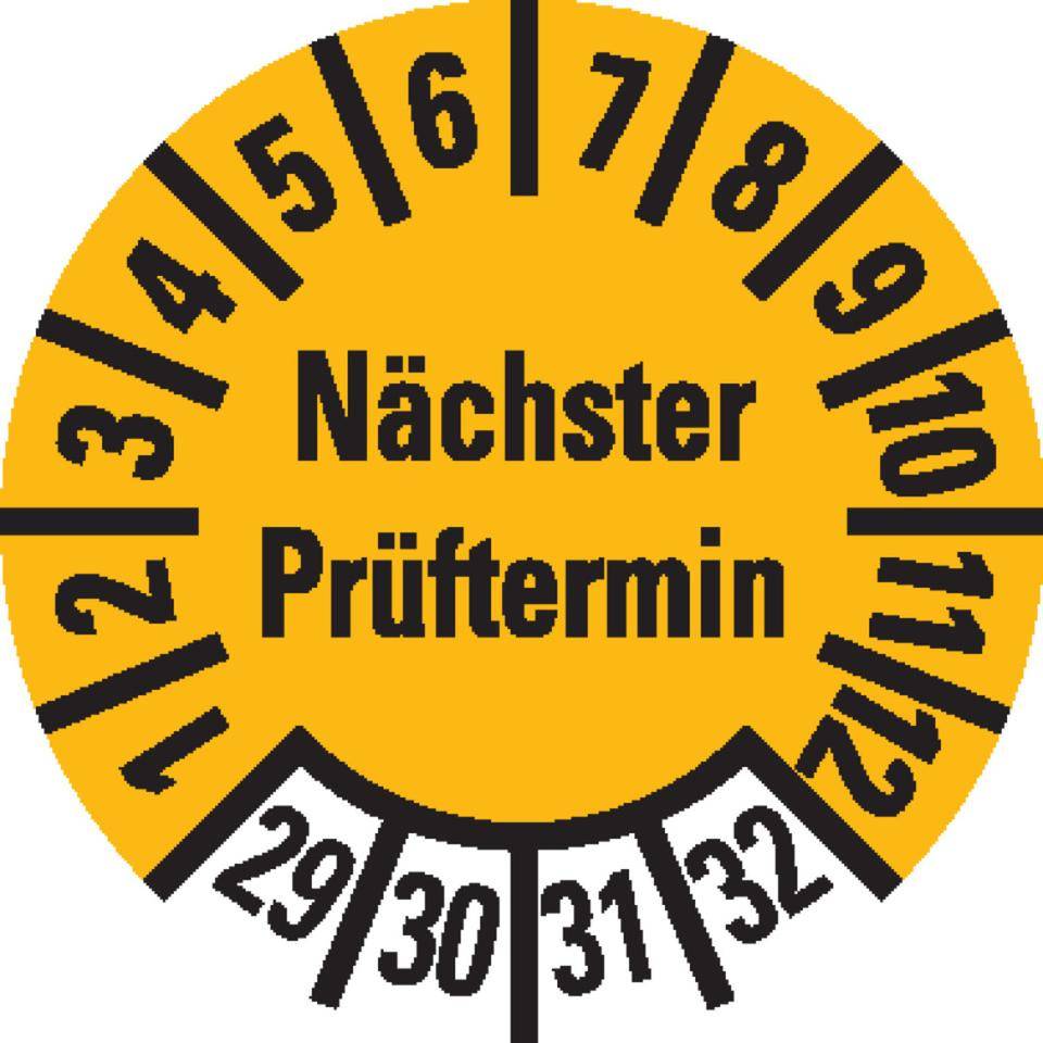 Prüfplakette, Nächster Prüftermin 29-32, gelb, Dokumentenfolie, Ø 10mm, 1000/Rolle