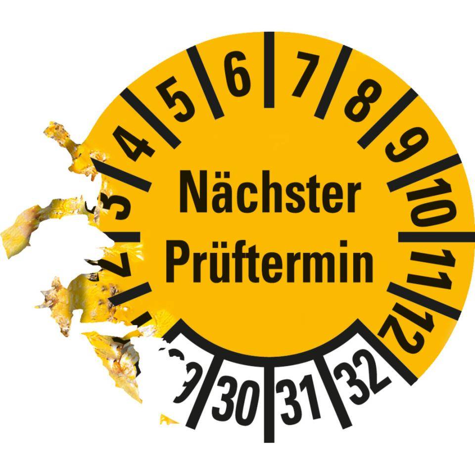 Prüfplakette, Nächster Prüftermin 29-32, gelb, Dokumentenfolie, Ø 10mm, 1000/Rolle